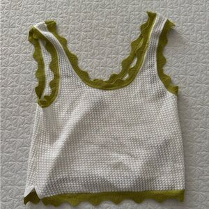 Maeve White Knit Top with Green Scalloped Trim